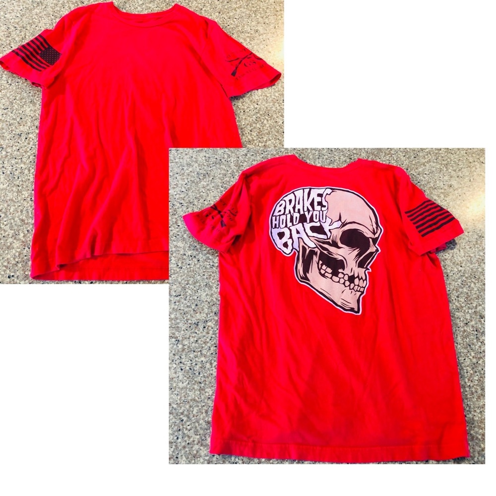 Men's/Unisex Grunt Style Graphic Tee, Red, XL, "Brakes Hold You Back" Skull